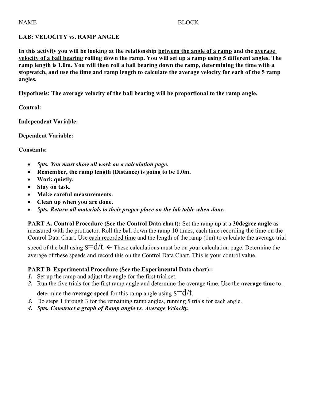 LAB: VELOCITY Vs RAMP HEIGHT