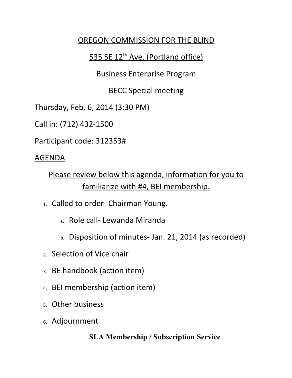 Special BE Meeting Feb 6 2014 Agenda