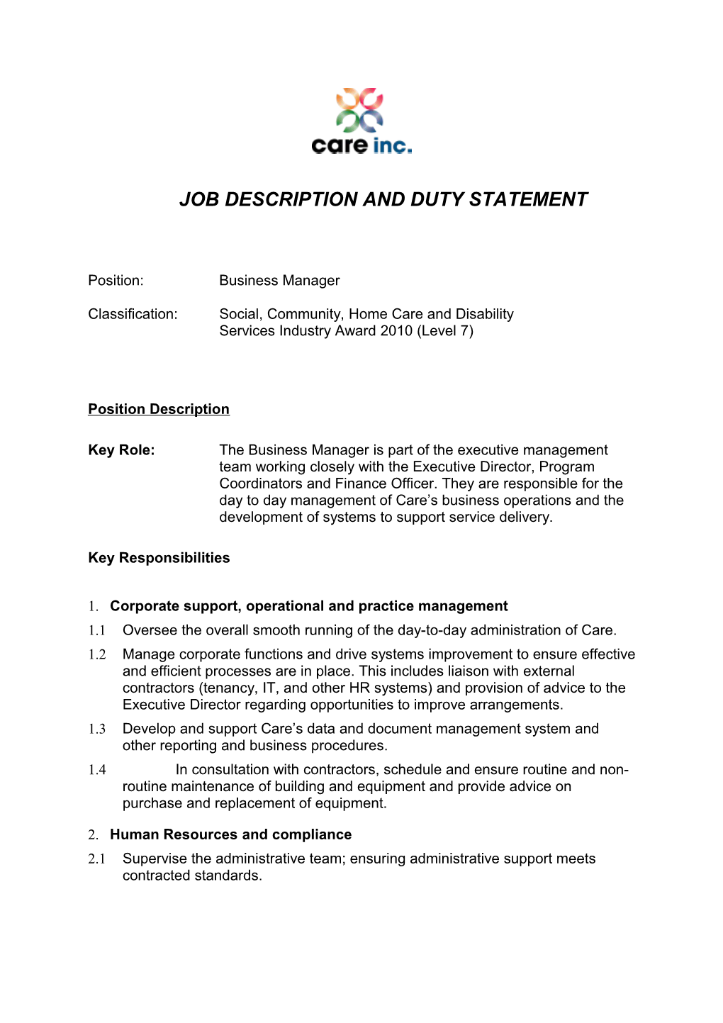 Job Description and Duty Statement