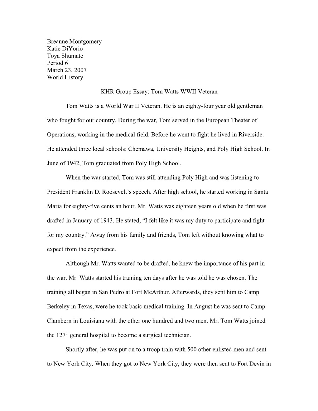 KHR Group Essay: Tom Watts WWII Veteran