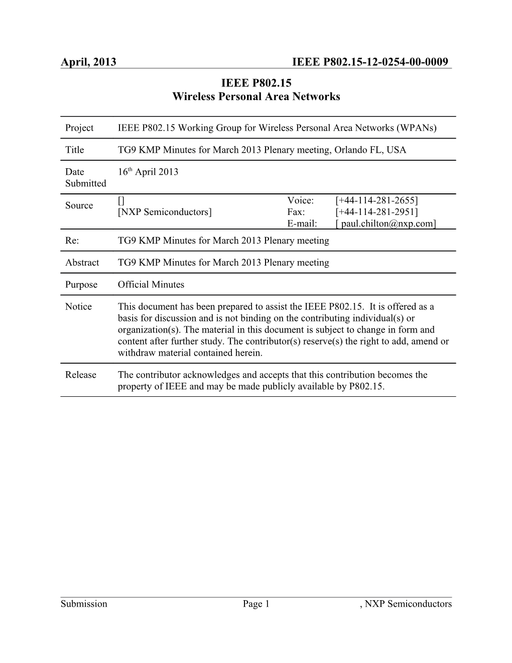 TG9 KMP Minutes for March 2013 Plenary Meeting, Orlando FL, USA