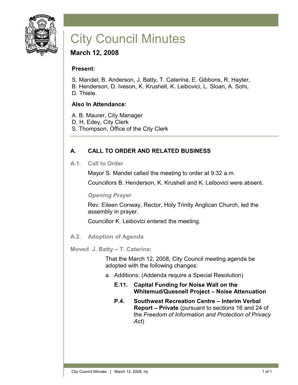 Minutes for City Council March 12, 2008 Meeting