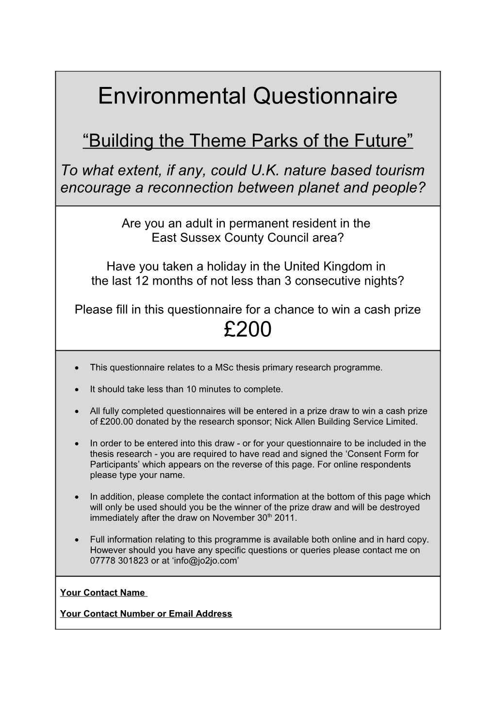 This Questionnaire Relates to a Msc Thesis Primary Research Programme