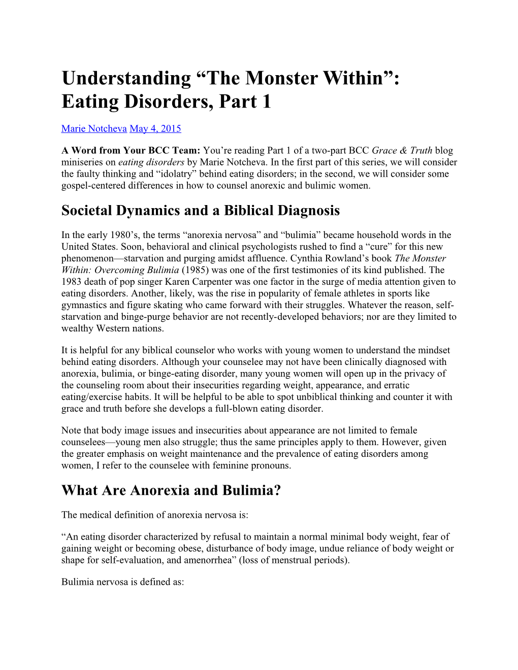 Understanding the Monster Within : Eating Disorders, Part 1