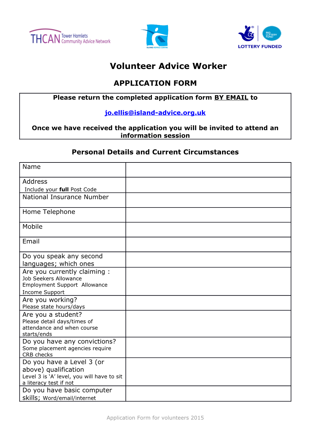 Application Form for Volunteer Advice Workers 2015