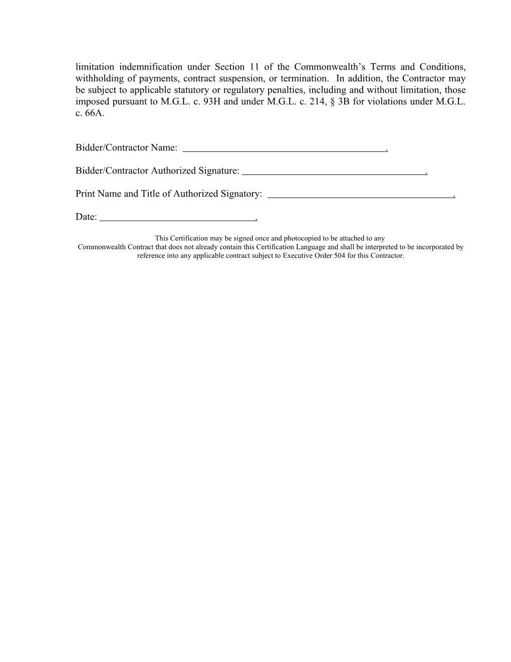 Executive Order 504 Contractor Certification Form