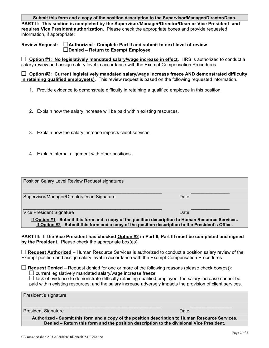 Exempt Position Salary Level Review Request Form