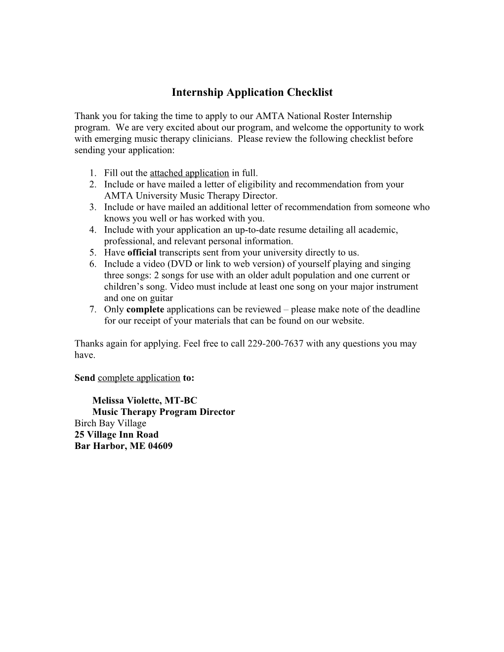 Internship Application Checklist