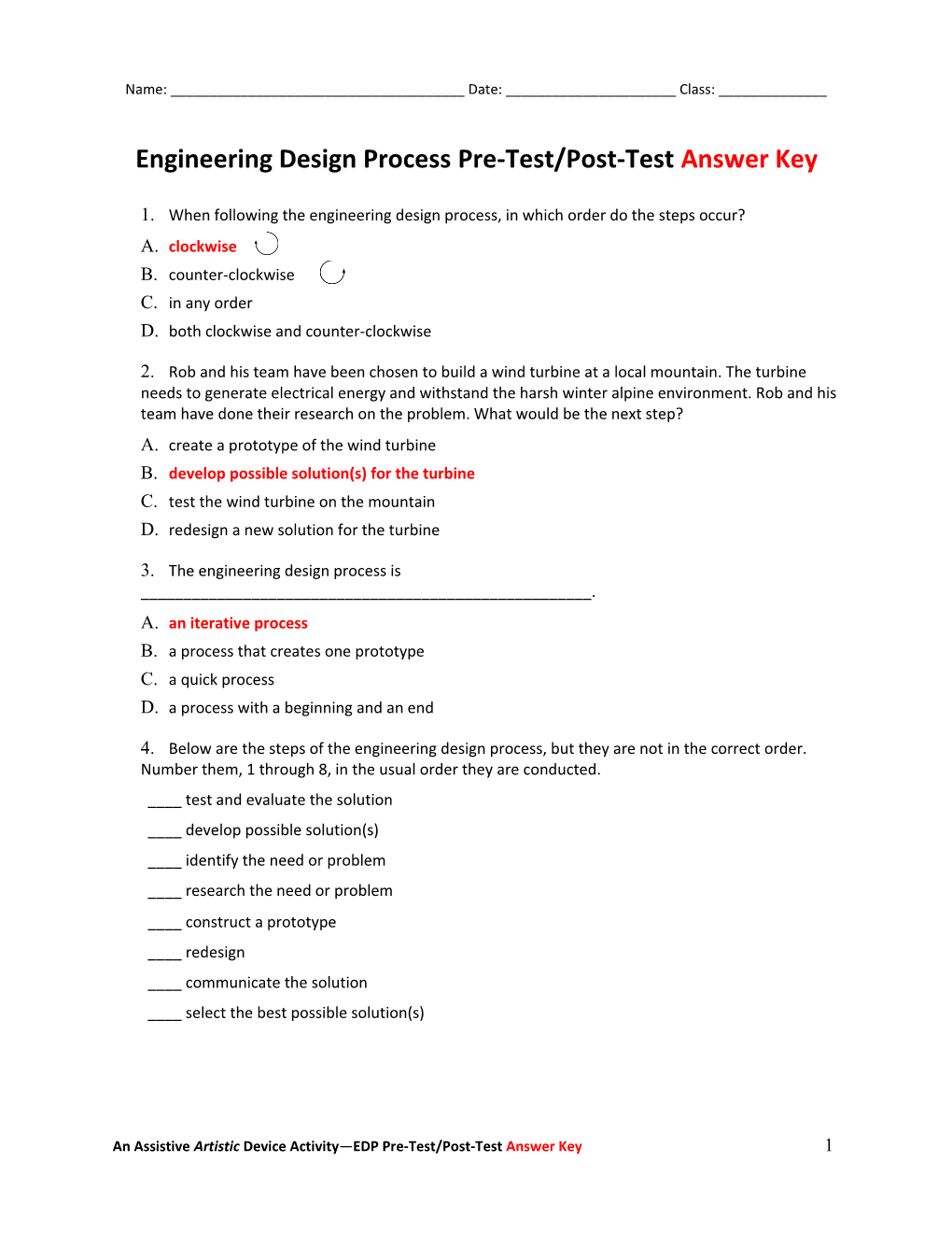 Engineering Design Processpre-Test/Post-Testanswer Key