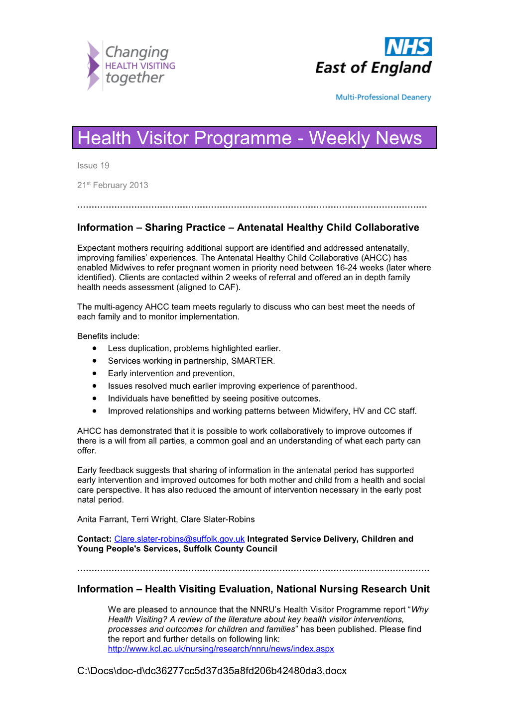 Information Sharing Practice Antenatal Healthy Child Collaborative
