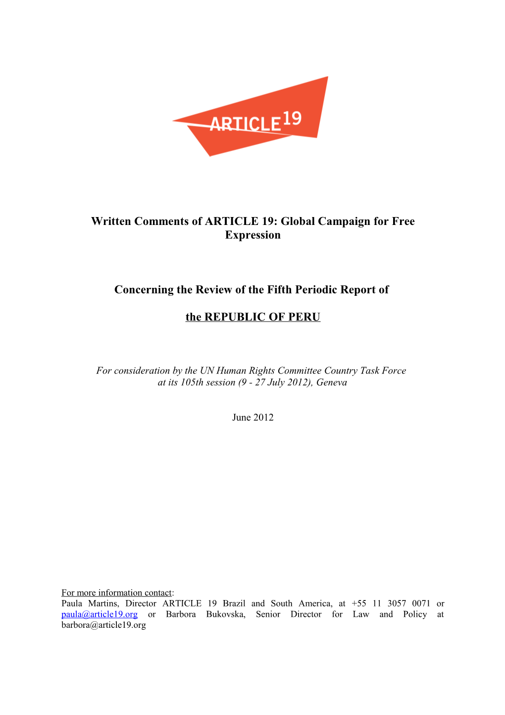 Written Comments of ARTICLE 19: Global Campaign for Free Expression