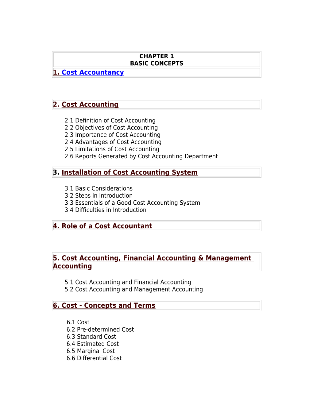 2.1 Definition of Cost Accounting 2.2 Objectives of Cost Accounting 2.3 Importance of Cost