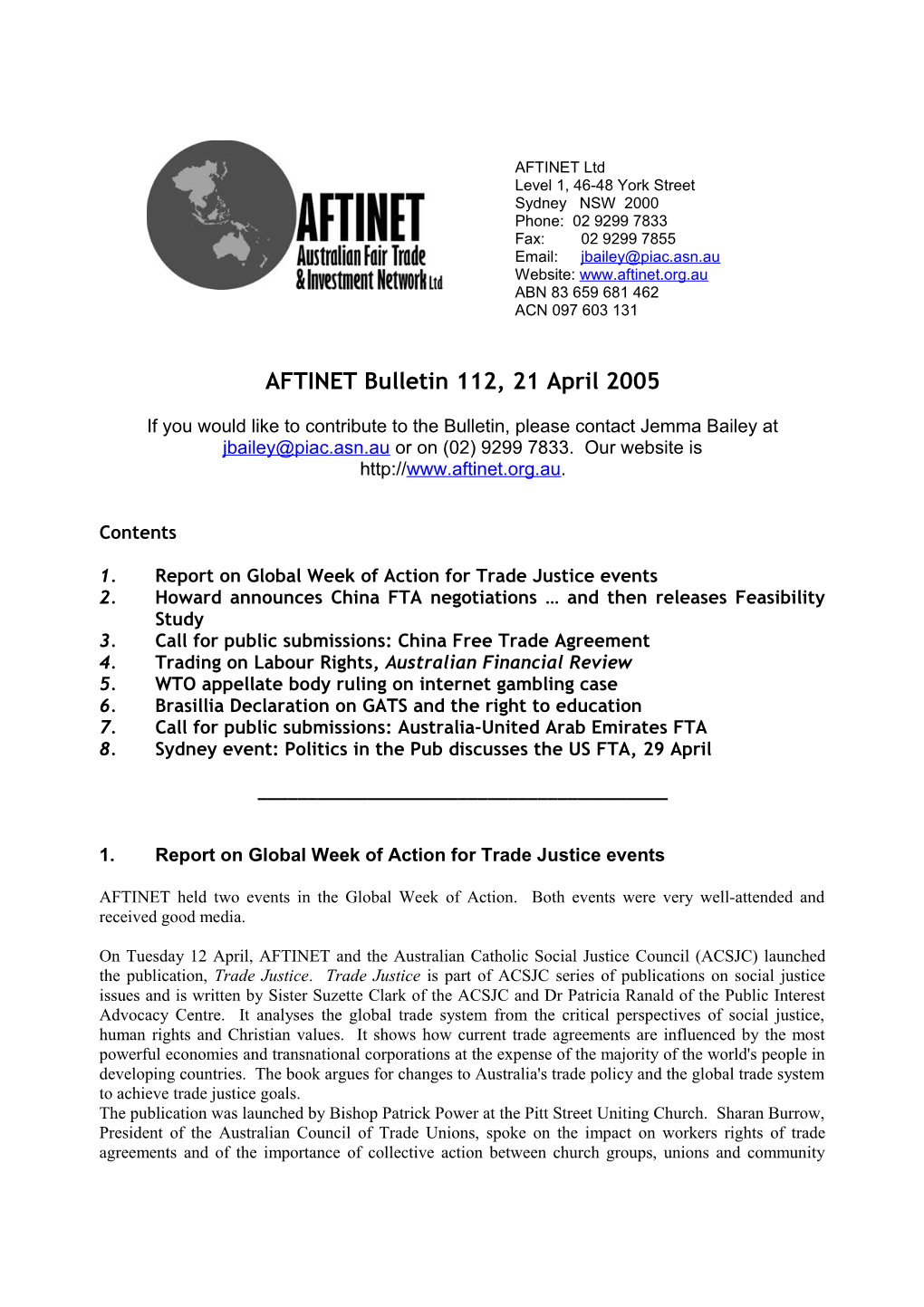 AFTINET Bulletin 112, 21 April 2005