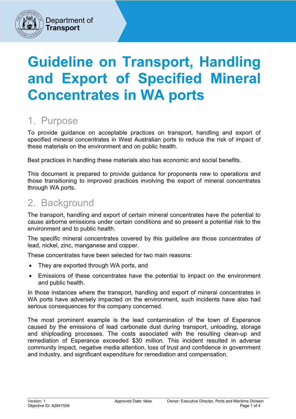 Guideline on Transport, Handling and Export of Specified Mineral Concentrates in WA Ports