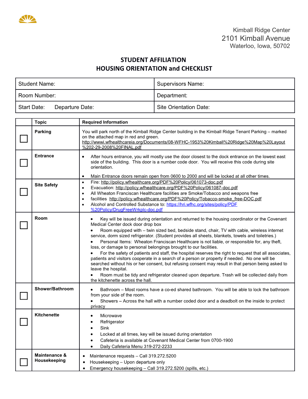 Housing Orientation and Checklist