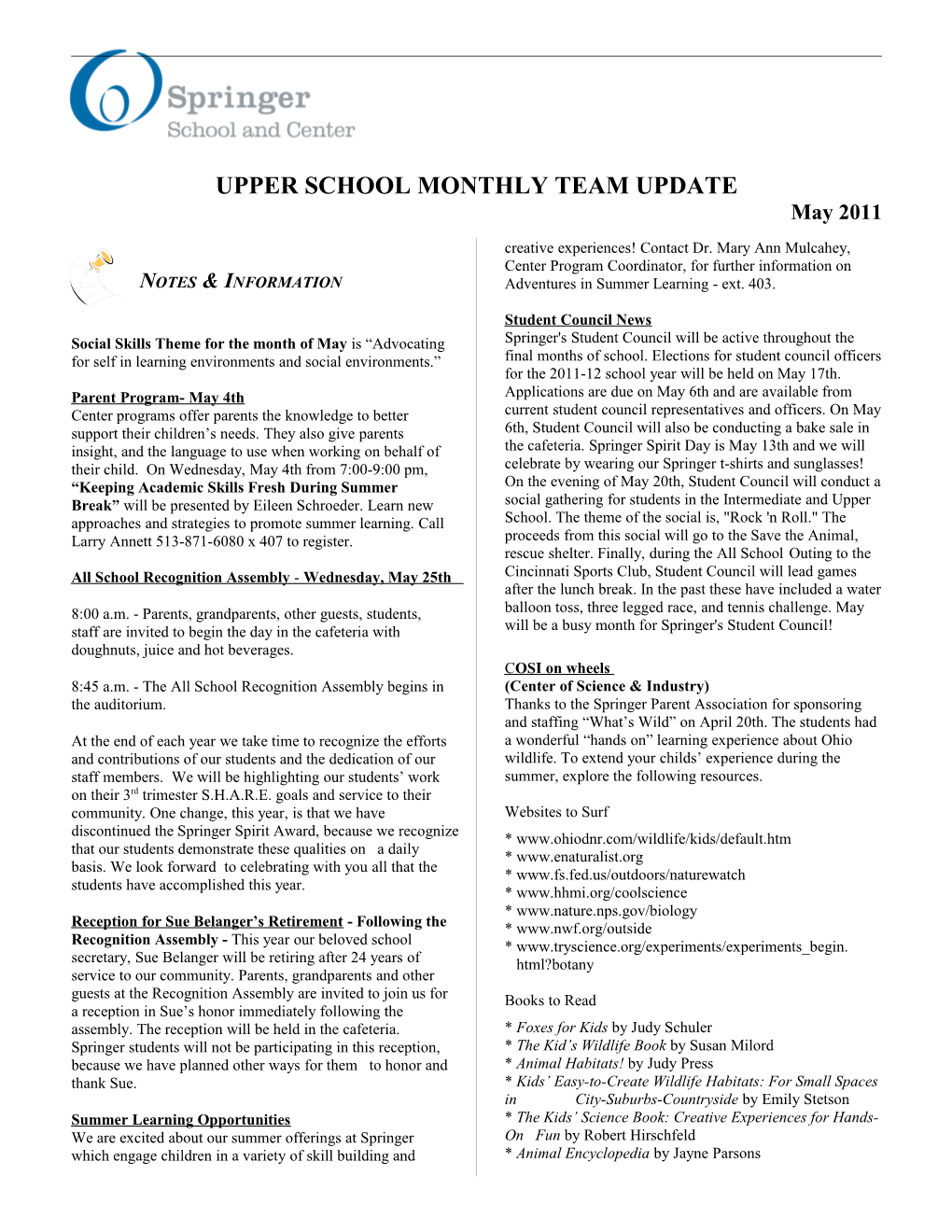 Upper School Monthly Team Update