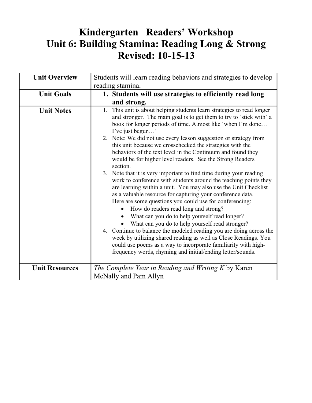 Unit 6: Building Stamina: Reading Long & Strong