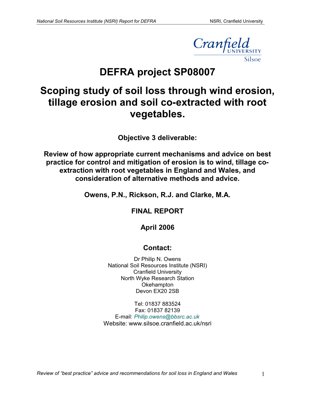 Scoping Study of Soil Loss Through Wind Erosion, Tillage Erosion and Soil Co-Extracted