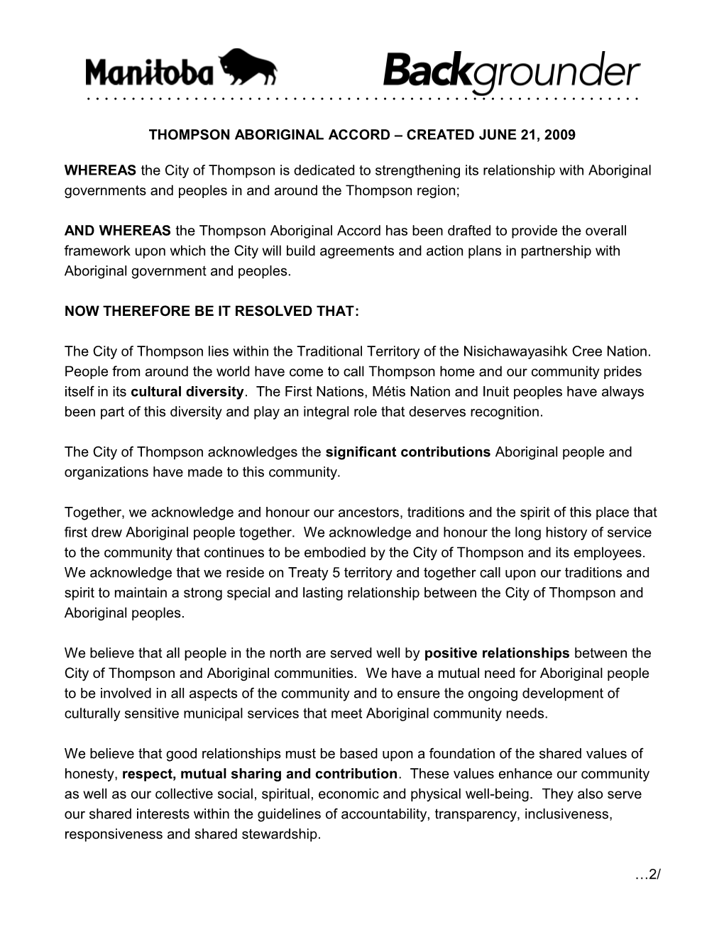 Thompson Aboriginal Accord Created June 21, 2009