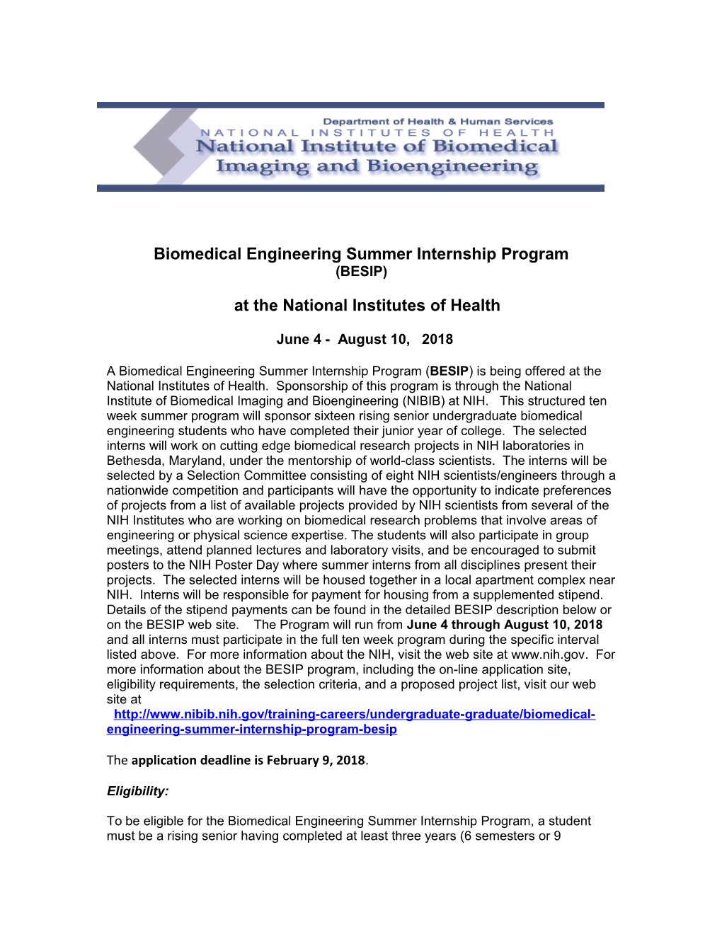 Biomedical Engineering Summer Internship Program