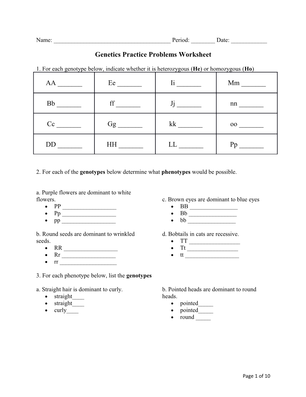 Genetics Practice Problems Worksheet