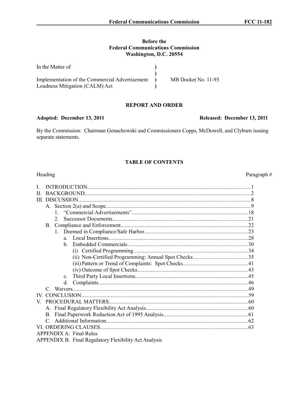 Federal Communications Commissionfcc 11-182