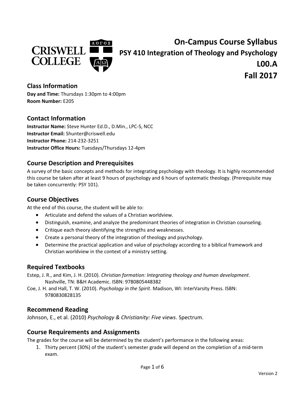 PSY 410 Integration of Theology and Psychology