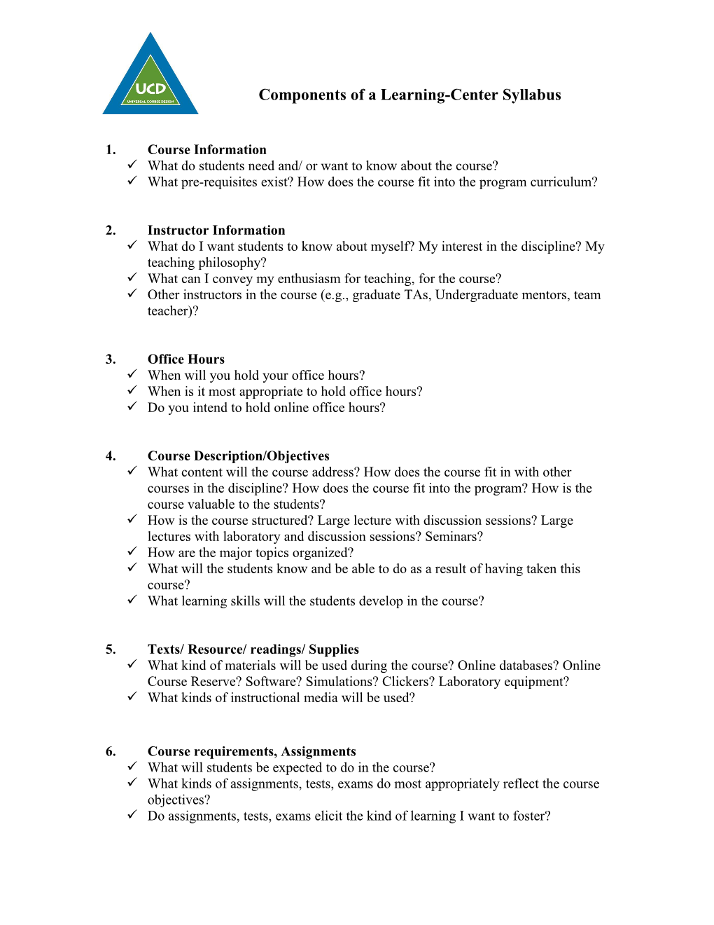 Components of a Learning-Center Syllabus