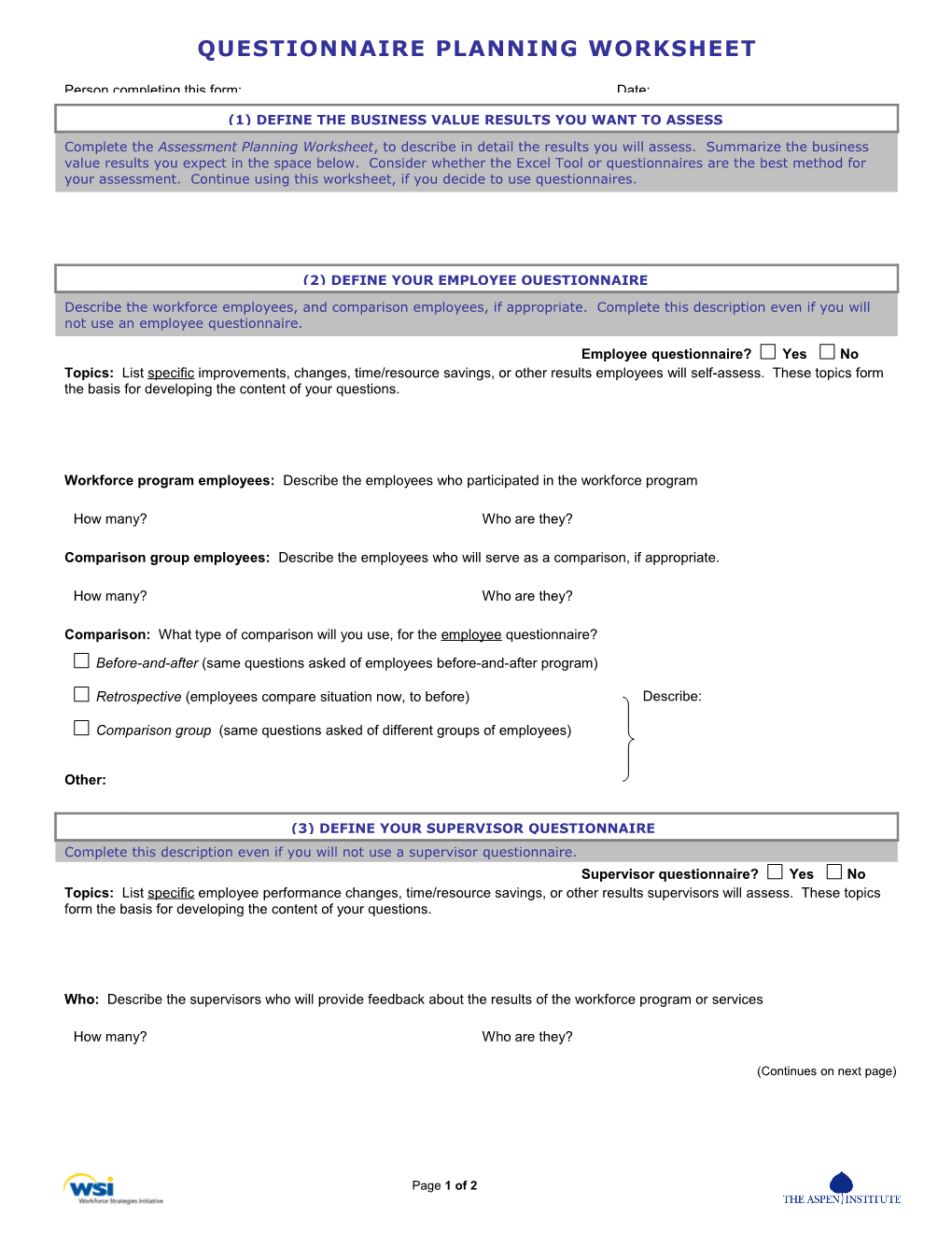 Questionnaire Planning Worksheet