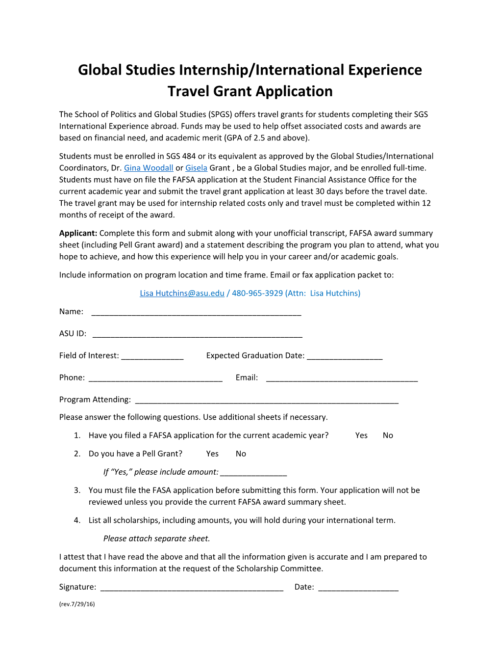 Global Studies Internship/International Experience Travel Grant Application