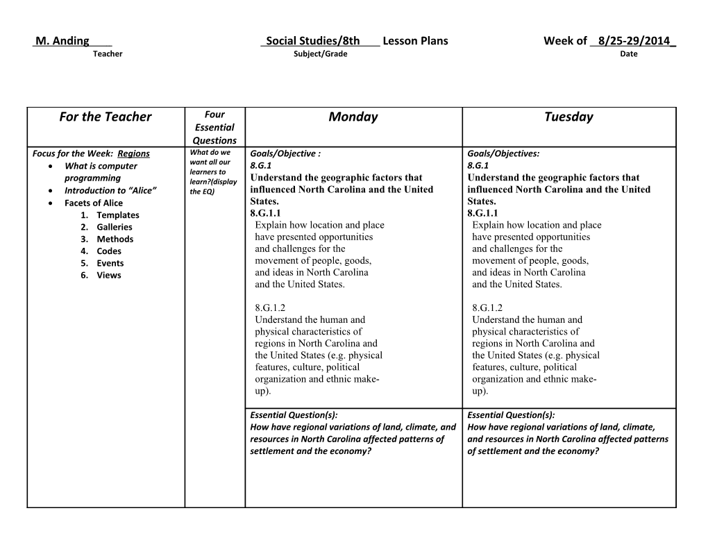 M. Anding Social Studies/8Th Lesson Plansweek of 8/25-29/2014