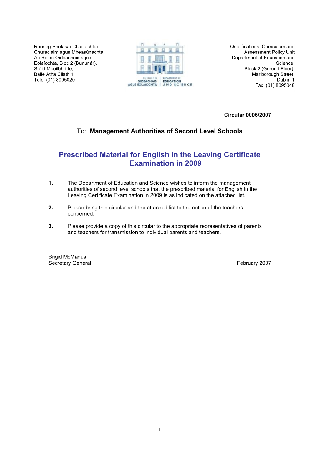 Circular 0006/2007 - Prescribed Material for English in the Leaving Certificate Examination