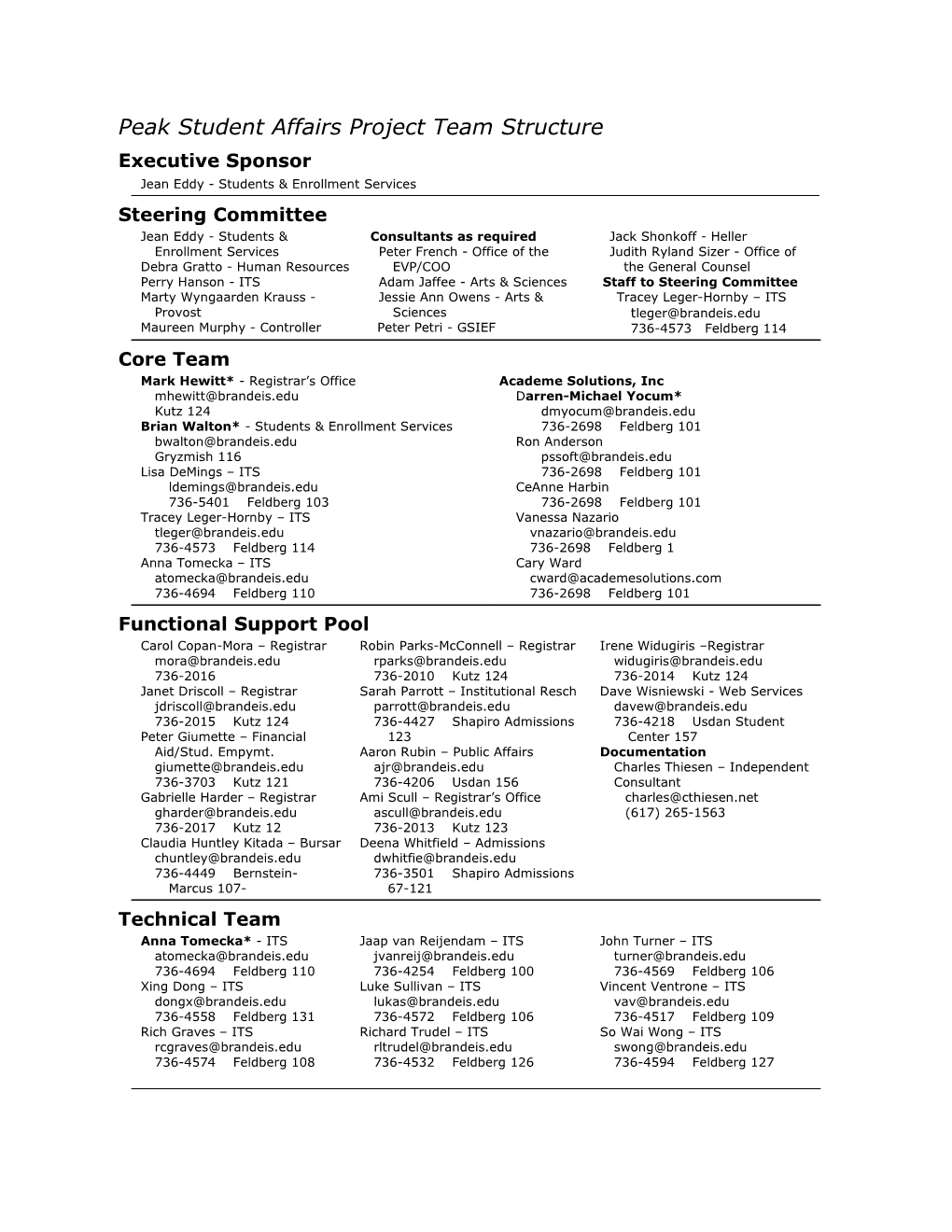 Peak Student Affairs Project Team Structure