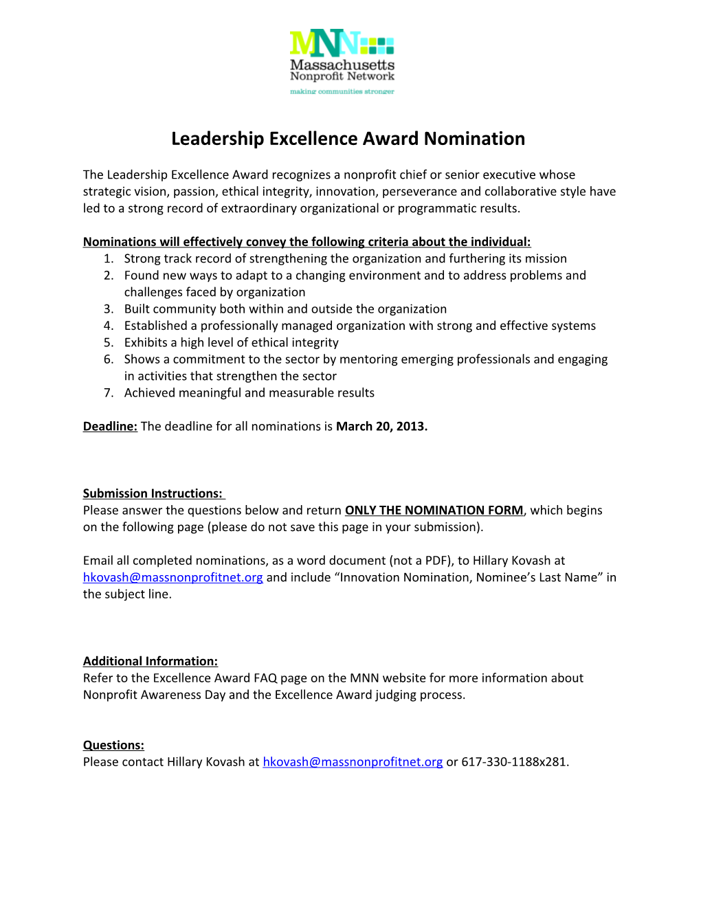Leadership Excellence Award Nomination