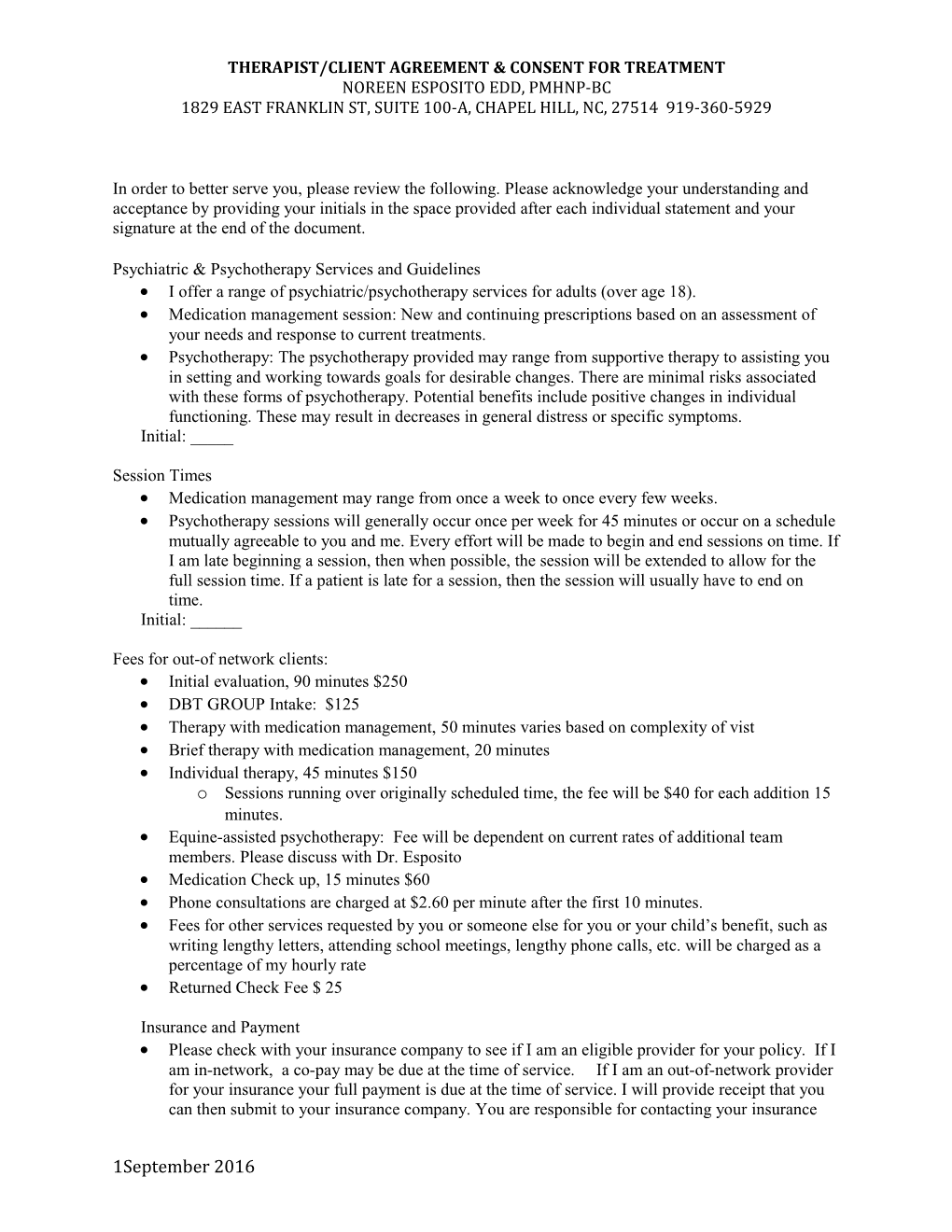Therapist/Client Agreement & Consent for Treatment
