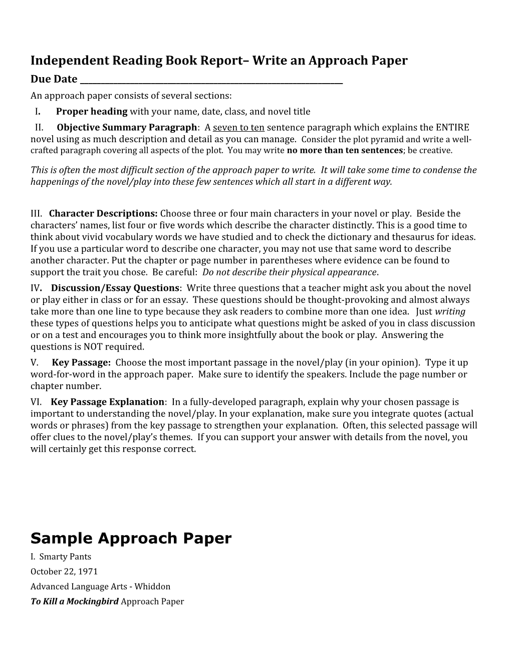 Independent Reading Book Report Write an Approach Paper