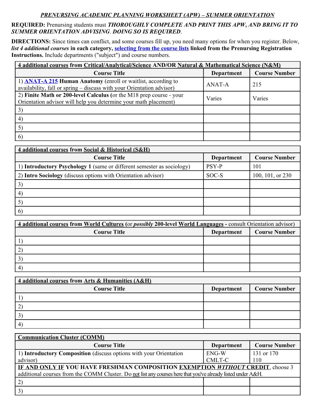 Summer Orientation Pre-Nursing Planning Sheet