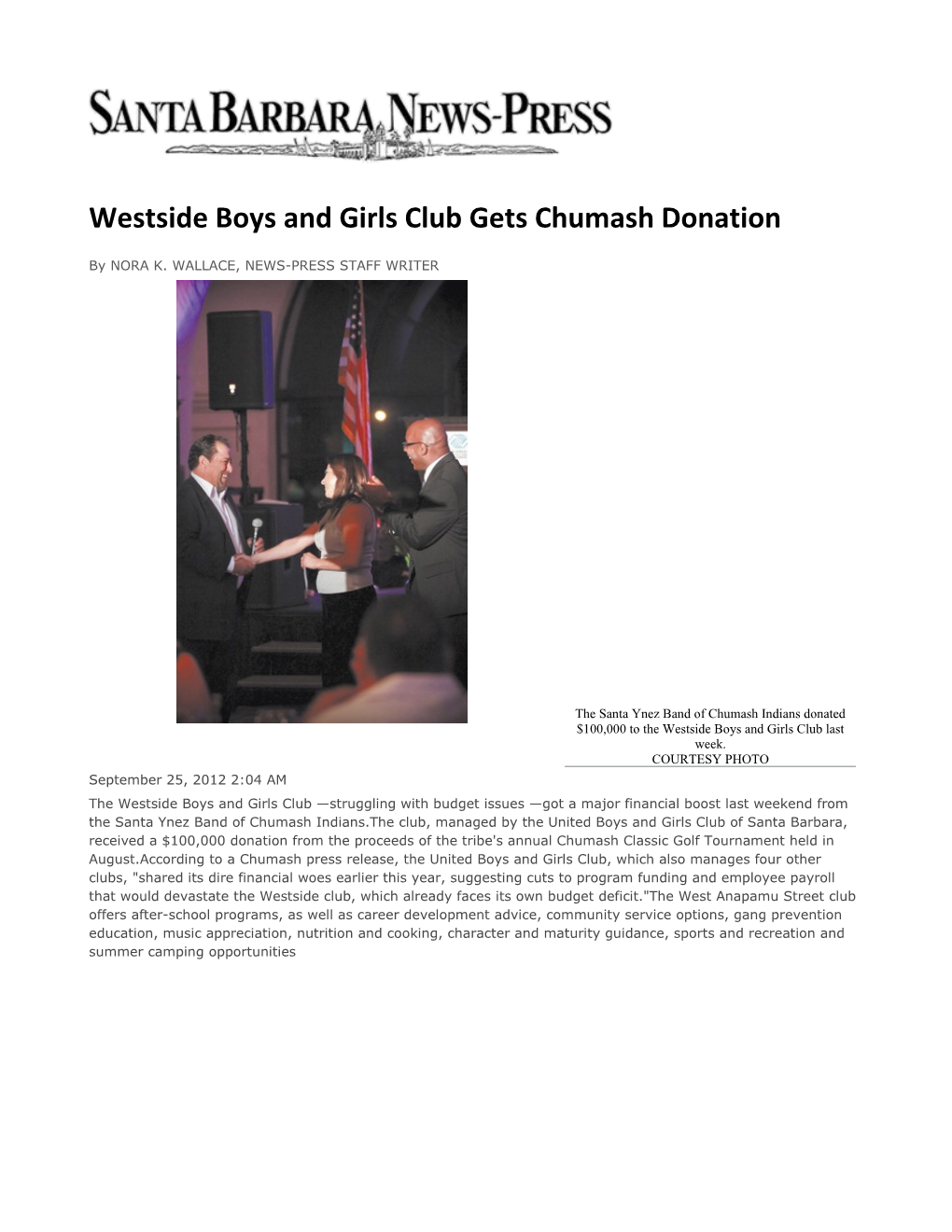 Westside Boys and Girls Club Gets Chumash Donation