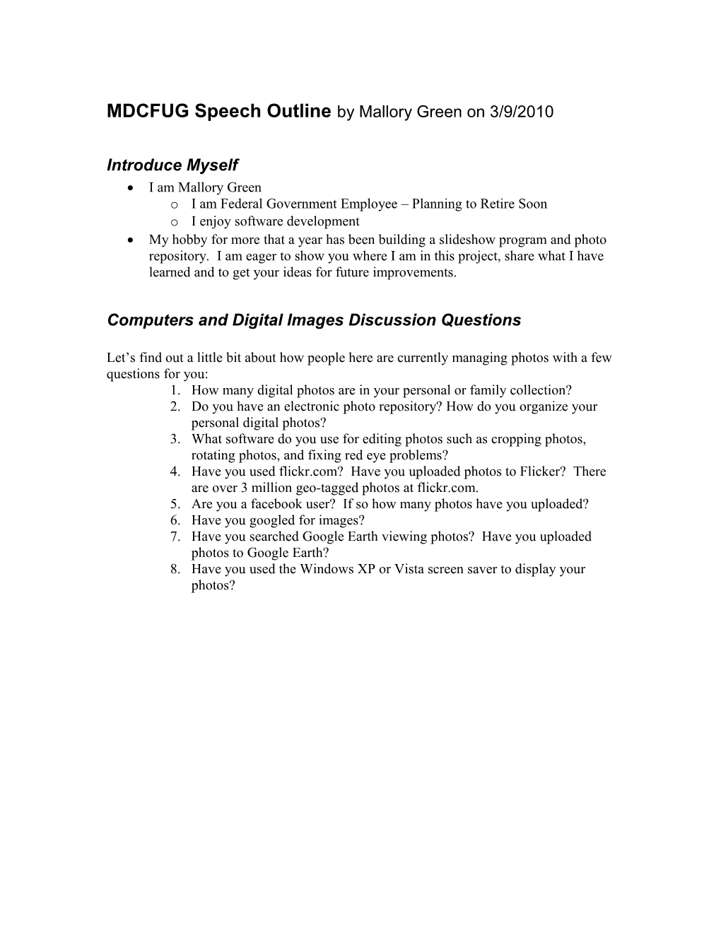 MDCFUG Speech Outline by Mallory Green on 3/9/2010