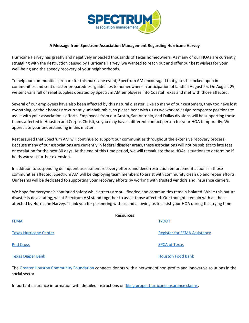 A Message from Spectrum Association Management Regarding Hurricane Harvey