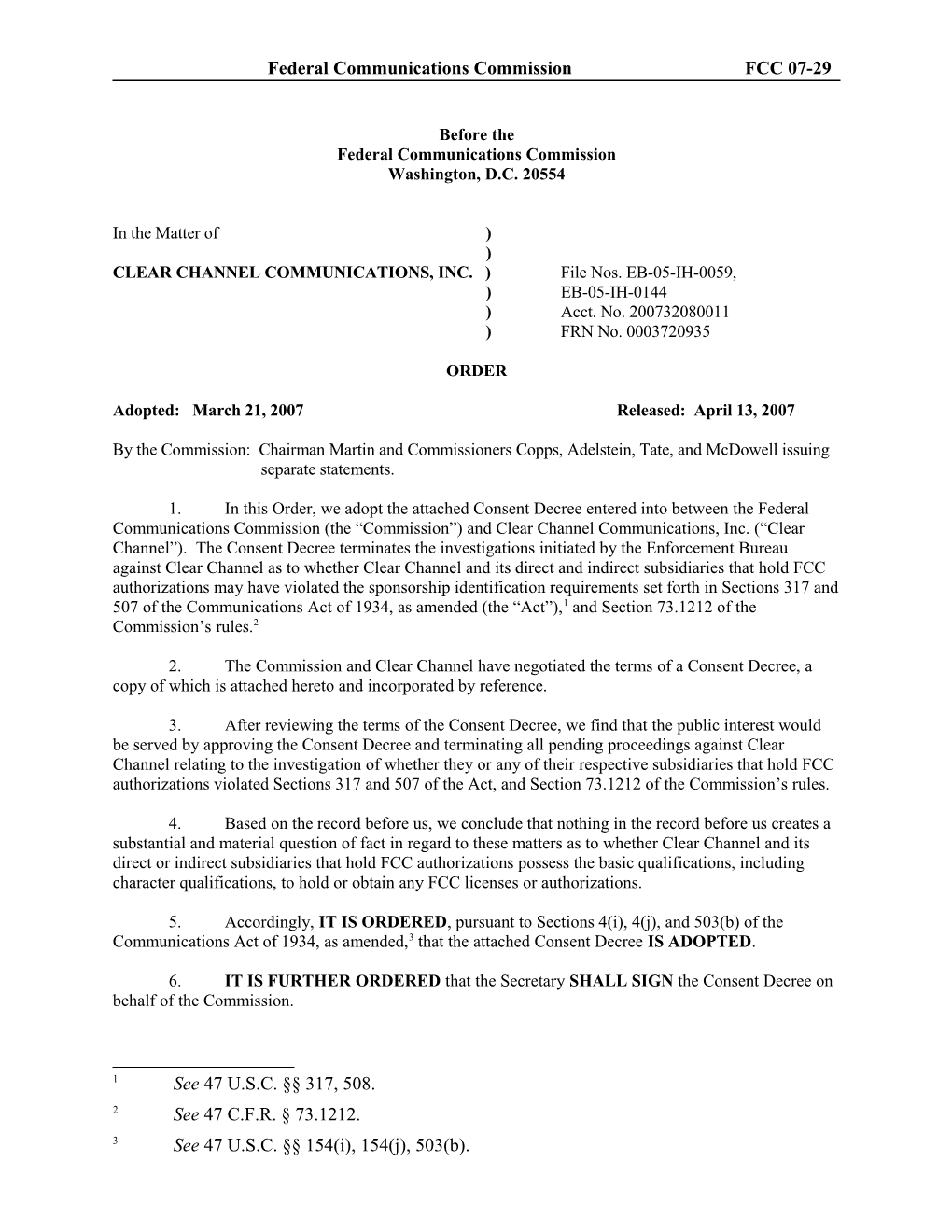 Federal Communications Commission FCC 07-29