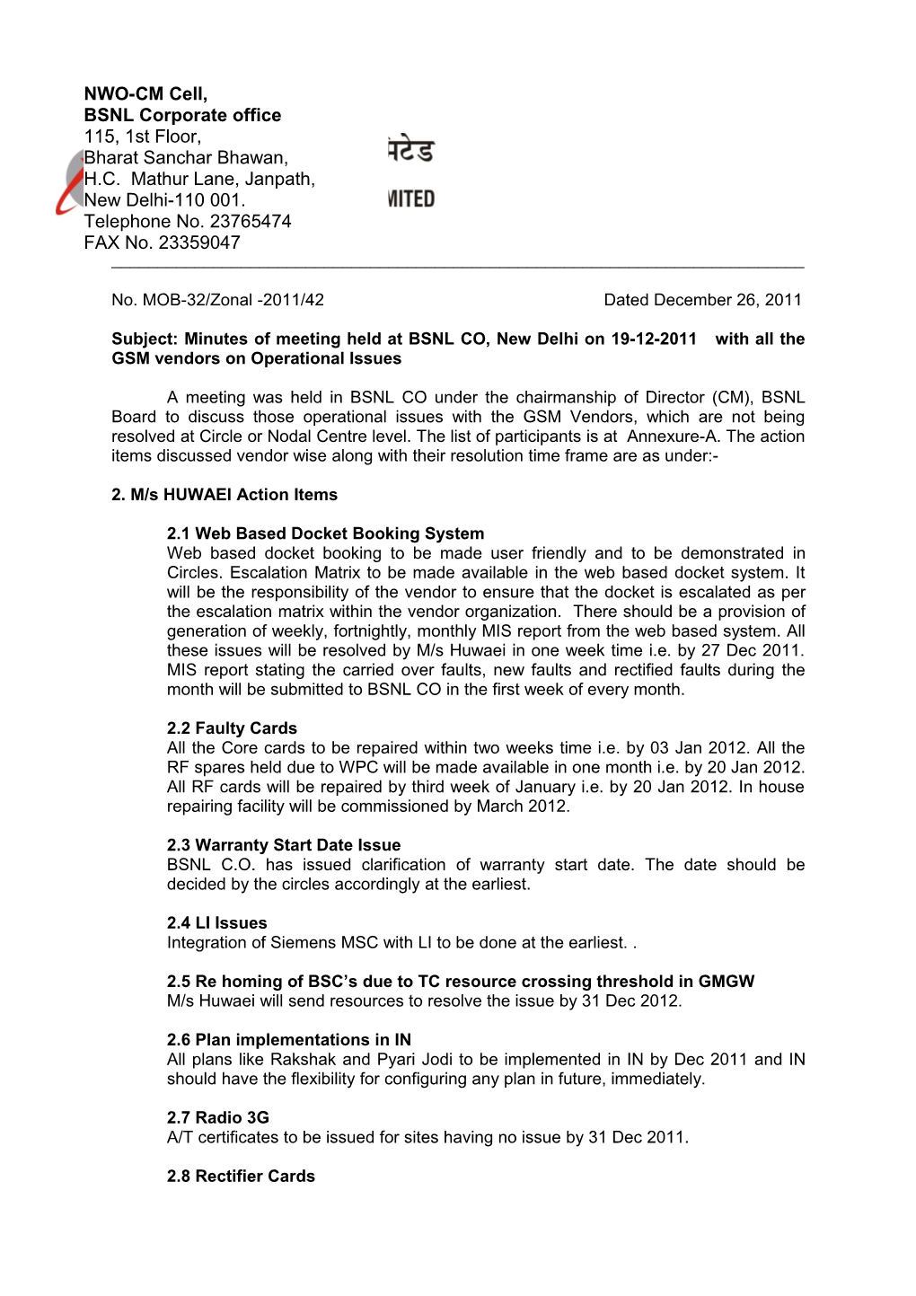 No. MOB-32/Zonal -2011/42 Dated December 26, 2011