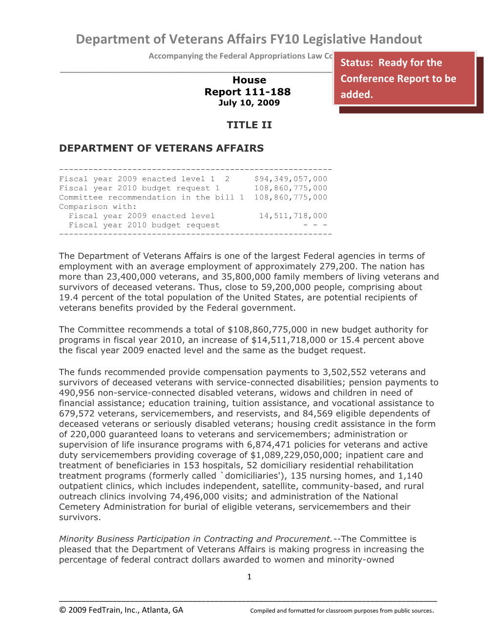 Department of Veterans Affairs FY10 Legislative Handout