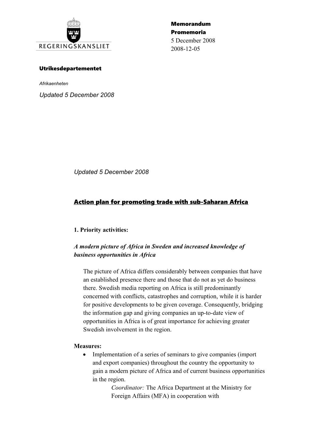Action Plan for Promoting Trade with Sub-Saharan Africa