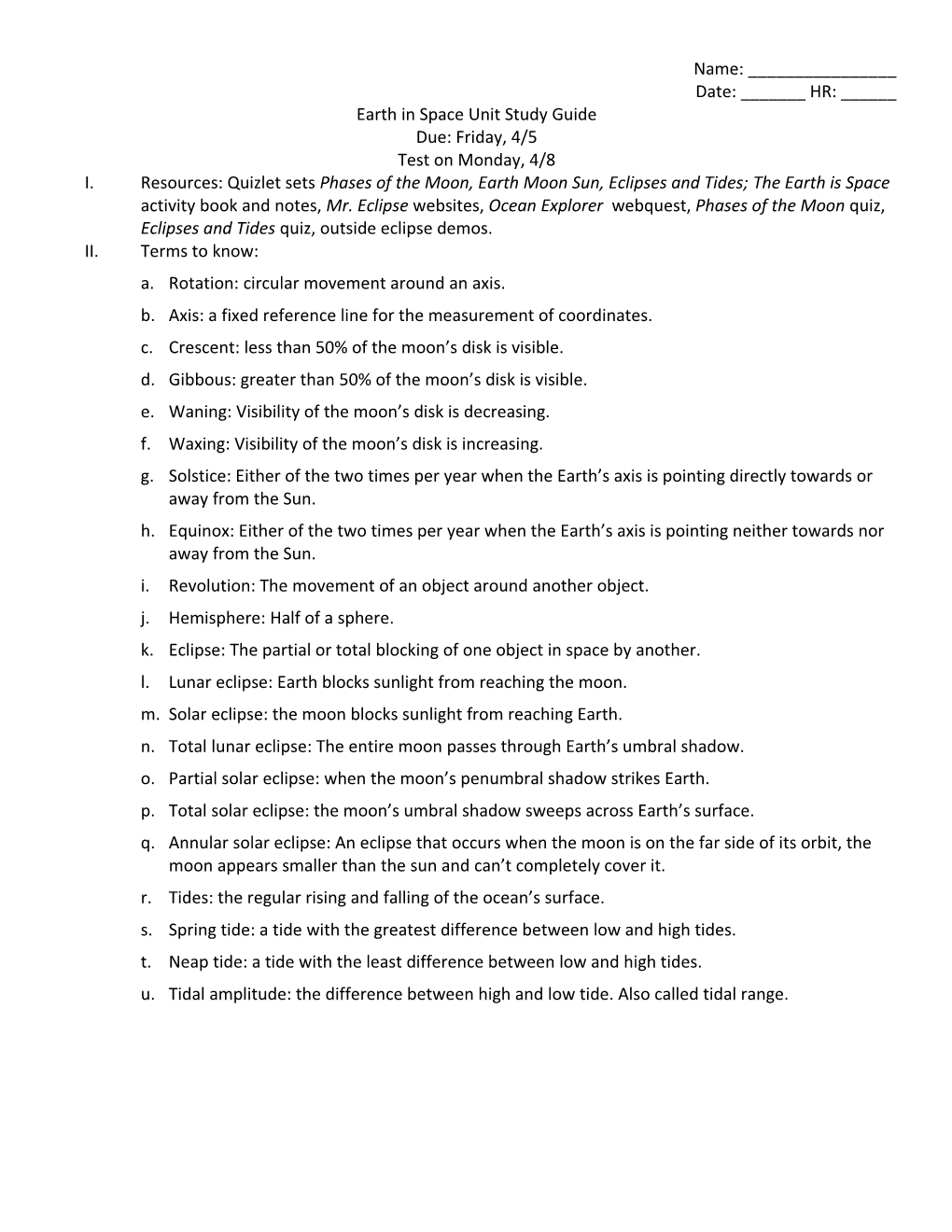 Earth in Space Unit Study Guide
