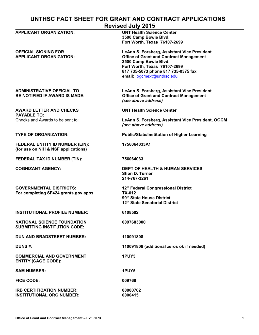 UNTHSC FACT SHEET for GRANT and CONTRACT APPLICATIONS (Revised 9/1/03)