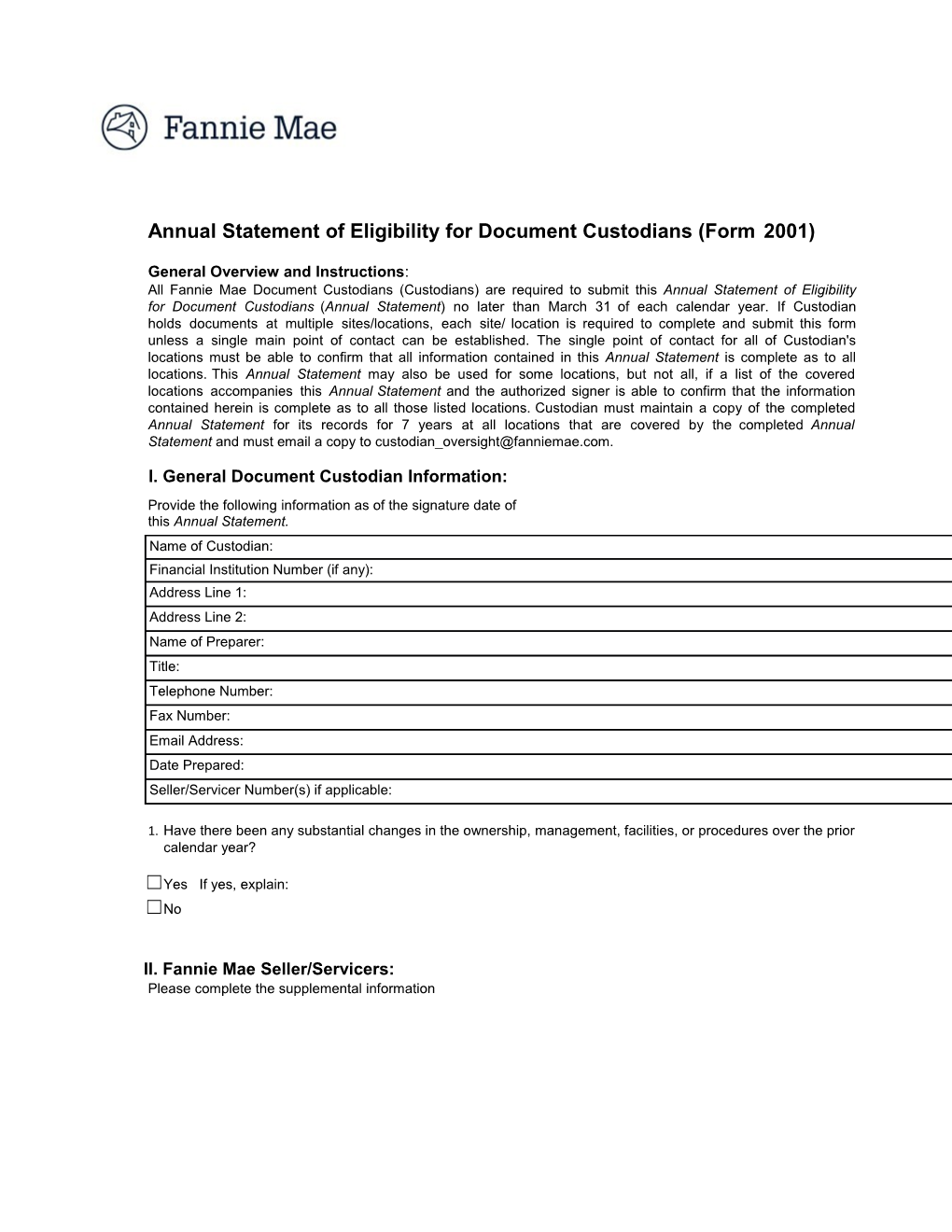 Annual Statement of Eligibility for Document Custodians (Form 2001)