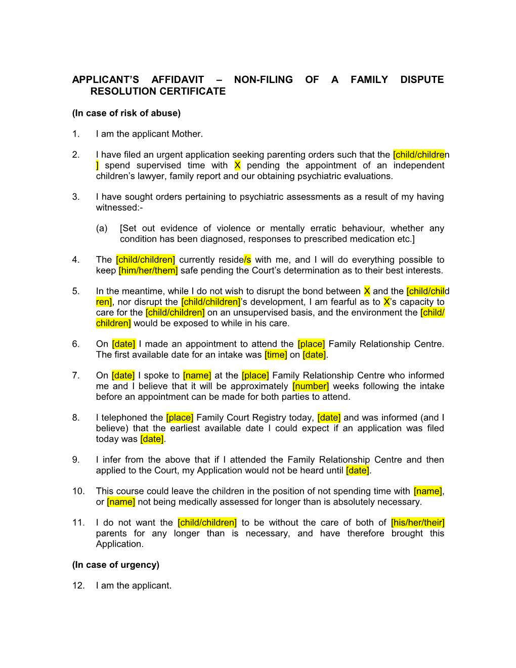 Applicant S Affidavit Non-Filing of a Family Dispute Resolution Certificate