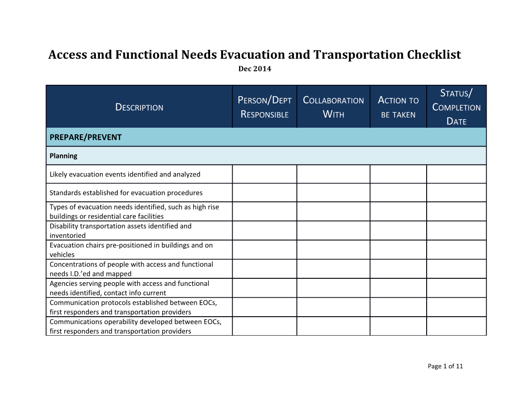 Access and Functional Needs Evacuation and Transportation Checklist