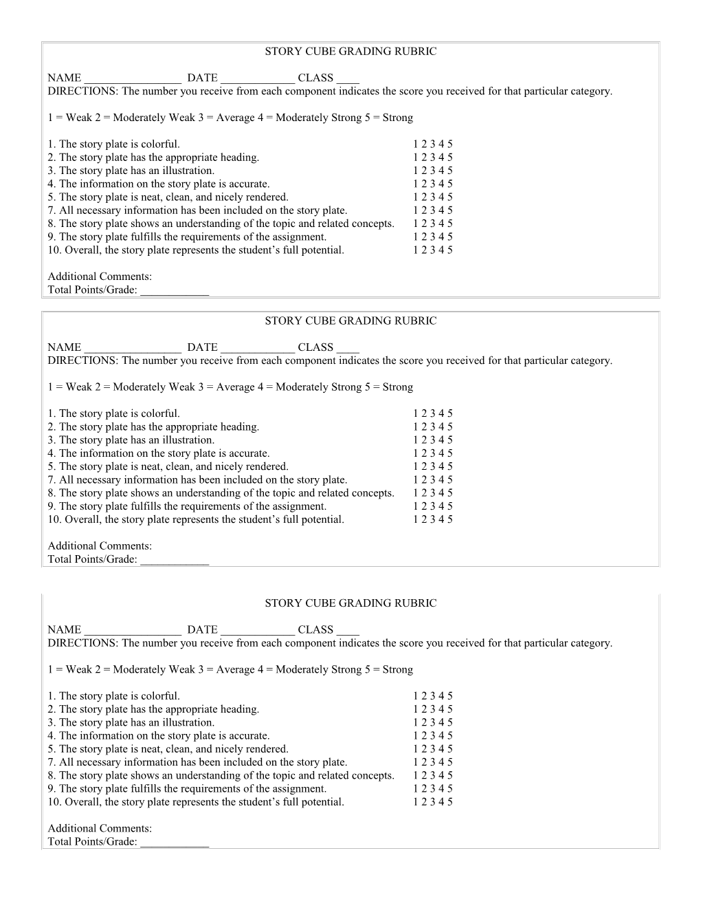 Story Cube Grading Rubric